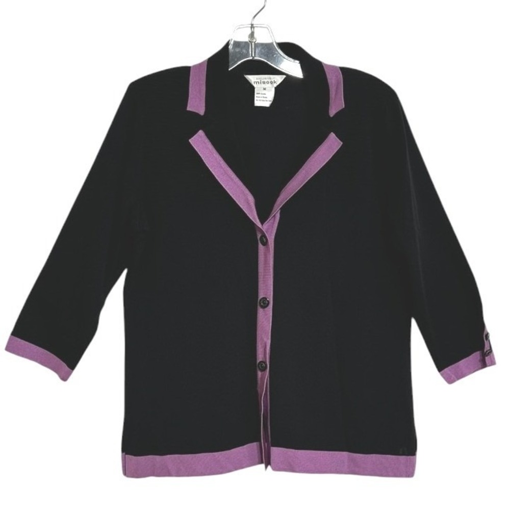 Exclusively Misook Cardigan Jacket Women Black Purple Trim Dark Academia M